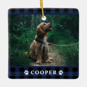 Ornamento De Cerâmica Navy Blue Tartan Plaid Dog Photo Ornament