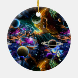 Ornamento De Cerâmica Nebulosa Espacial e Planetas