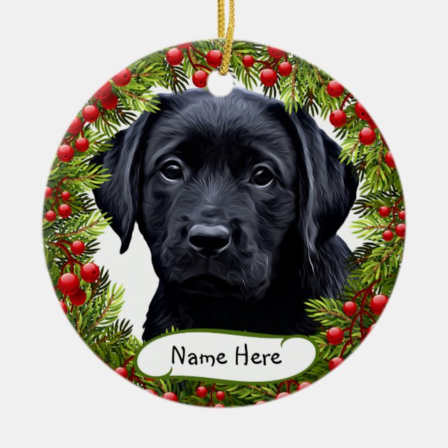 Ornamento De Cerâmica Negra Labrador Pet Dog Wreath Cerâmica (Frente)