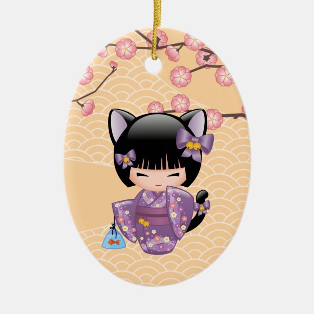 Ornamento De Cerâmica Neko Kokeshi Doll - Cat Ears Geisha Girl (Frente)