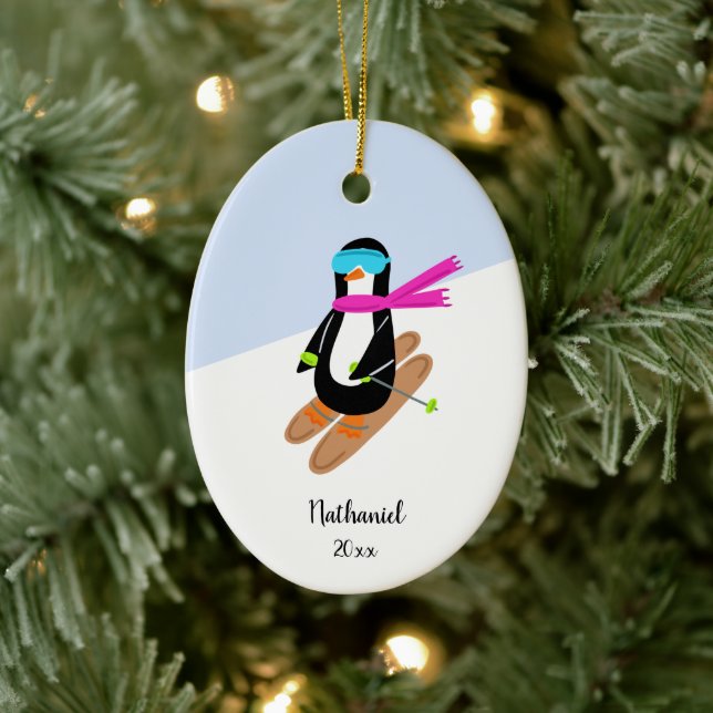 Ornamento De Cerâmica Neon Skiing Pinguin Personalizado Natal (Árvore)