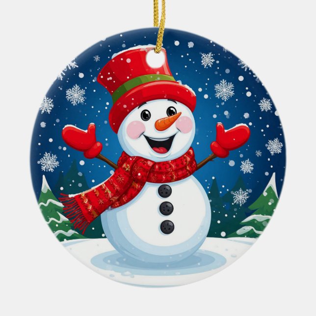 Ornamento De Cerâmica Neve alegre em Red Scarf and Hat (Frente)