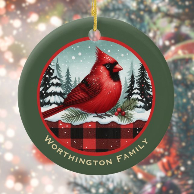 Ornamento De Cerâmica Neve Cardeal n Buffalo Xadrez Nome da Família Mono (Criador carregado)