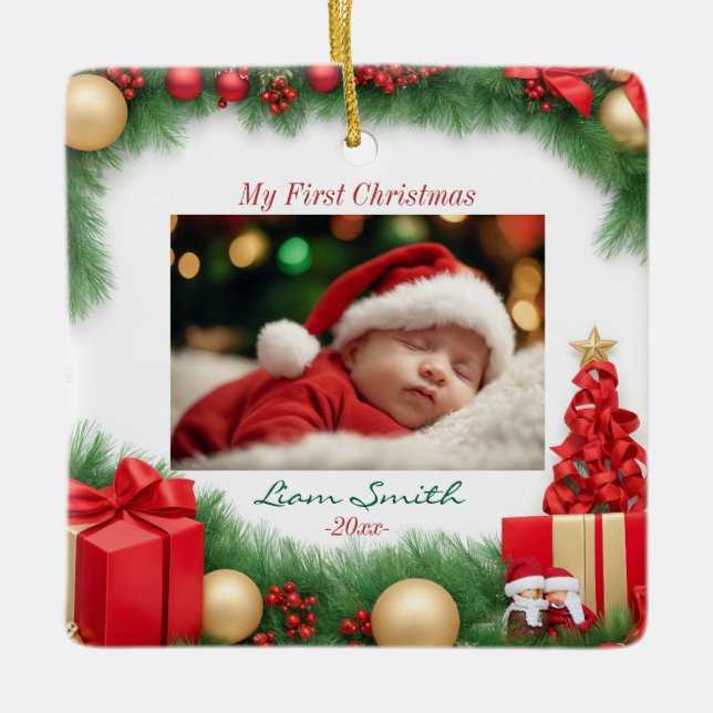 Ornamento De Cerâmica Neve de Aquarela de Natal Elegante (Frente)