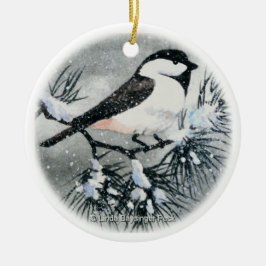 Ornamento De Cerâmica Neve tampada preto do pássaro do Chickadee