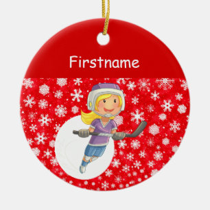 Ornamento De Cerâmica Neve vermelha branca de hóquei de jogador