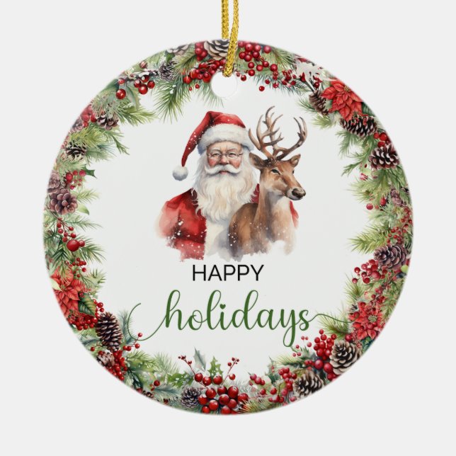 Ornamento De Cerâmica Nêveas de Papais noeis verdes e vermelhas elegante (Frente)