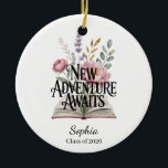 Ornamento De Cerâmica New Adventure Awaits Graduation Personalized<br><div class="desc">An inspiring “New Adventure Awaits” design featuring an open book and elegant botanical flowers. This uplifting artwork symbolizes new beginnings and exciting life chapters. The design can be personalized with a name or custom message, making it perfect for celebrating graduation and other meaningful milestones. A thoughtful design for encouragement, celebration,...</div>
