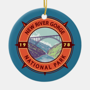 Ornamento De Cerâmica New River Gorge National Park Retro Compass Emblem