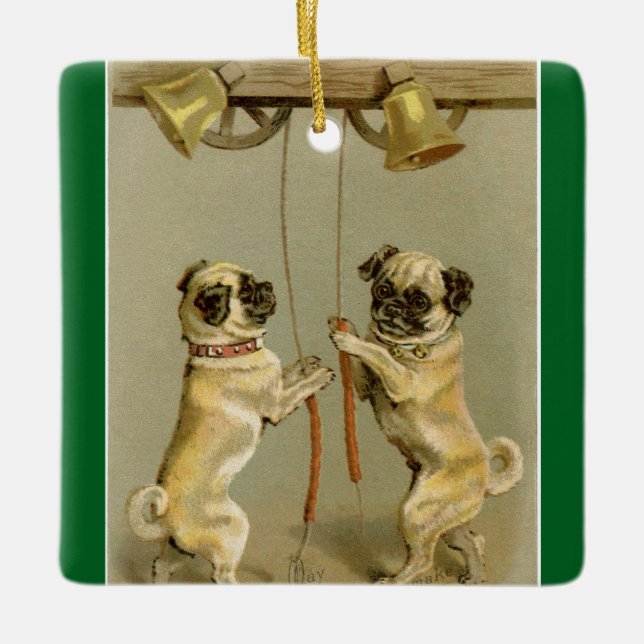 Ornamento De Cerâmica New Year Pugs Ringing Bells Ornament (Frente)