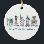Ornamento De Cerâmica New York Hanukkah NYC Landmarks Jewish Holiday<br><div class="desc">Os ornamentos do Hanukkah em Nova York apresentam pontos de referência Nova Iorque "vestidos" para Hanukkah em marrãs, menorahs, sonhos e luzes. Criado de uma ilustração do marcador original. Não vê o que está procurando? Precisa de ajuda para a personalização? Entre em contato com Rebecca para ter algo projetado só...</div>