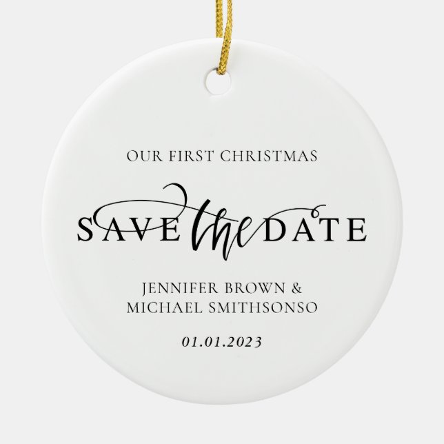 Ornamento De Cerâmica Newly Weds Photo First Christmas Save the Date (Frente)