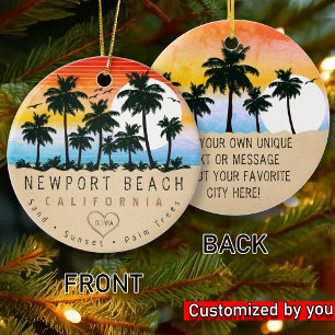 Ornamento De Cerâmica Newport Beach California Retro Sunset Palm