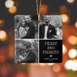 Ornamento De Cerâmica Newweds 3 x Feliz fotográfica e Natal casado<br><div class="desc">Feliz dupla e Enfeites de natal de Colagem de Fotografias com 3 Casados. Personalizar nome/s e data.</div>