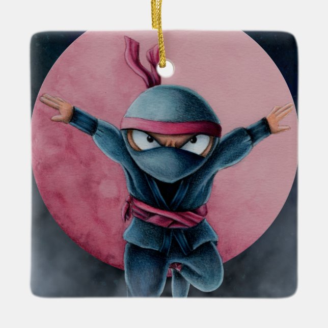 Ornamento De Cerâmica Ninja Saltador Lua Vermelha (Frente)