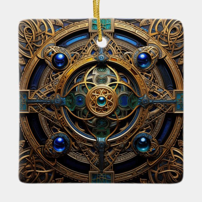 Ornamento De Cerâmica Nó Celular Dourado Cabeçalho Azul (Frente)