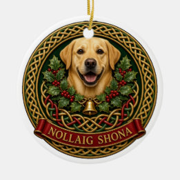 Ornamento De Cerâmica Nó de Nollaig Shona Labrador Amarelo Personalizado