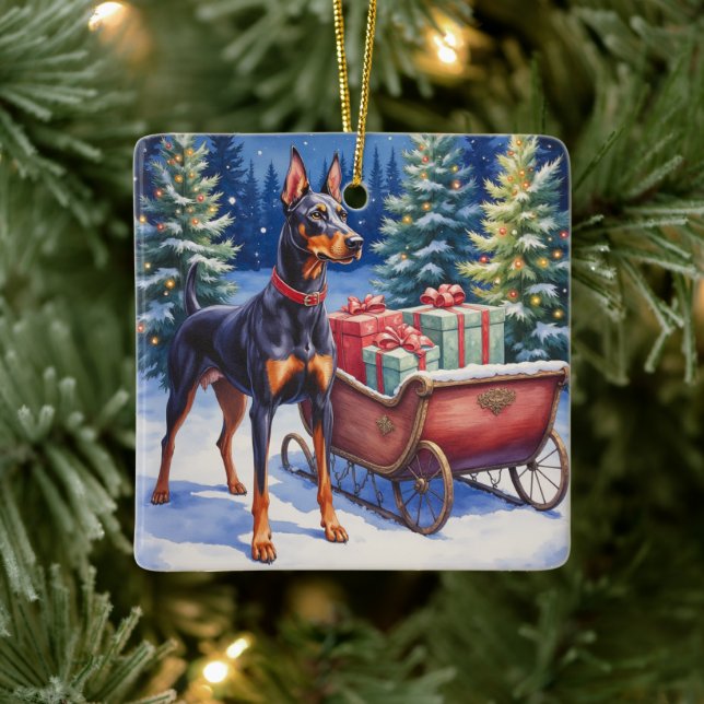 Ornamento De Cerâmica Noble Doberman Guarding Christmas Sleigh Winter (Árvore)