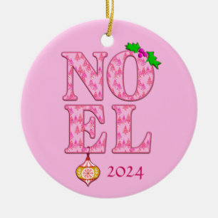 Ornamento De Cerâmica NOEL em um padrão de árvore de Natal rosa