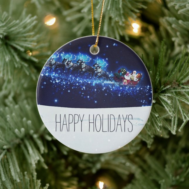 Ornamento De Cerâmica Noite Azul com Papai Noel, Reindeer e Sleigh (Árvore)