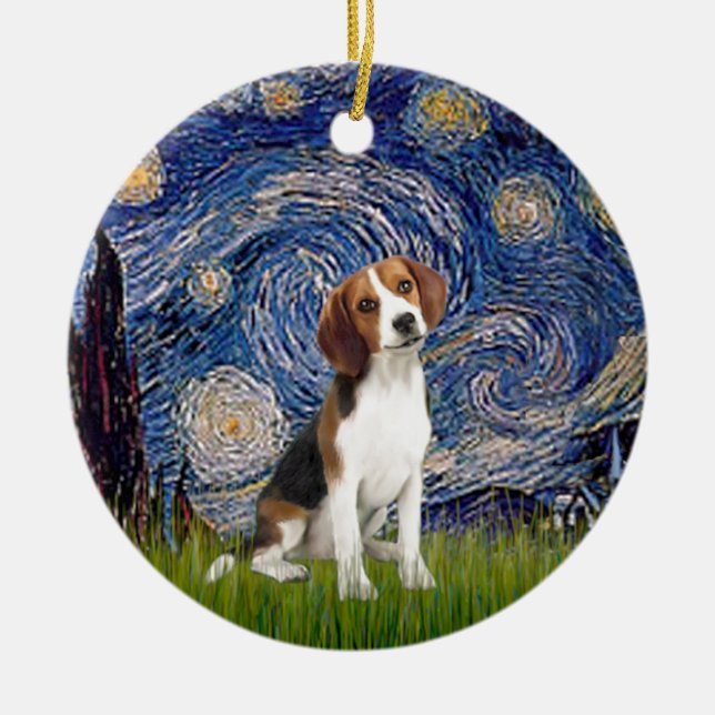 Ornamento De Cerâmica Noite Estrelada - Beagle #1 (Frente)