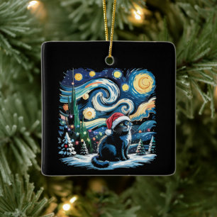 Ornamento De Cerâmica Noite Estrelada de Van Gogh Festa de Natal Gato Pr