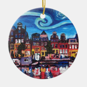 Ornamento De Cerâmica Noite estrelado sobre o canal de Amsterdão