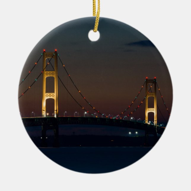 Ornamento De Cerâmica Noite na Ponte Mackinac (Frente)
