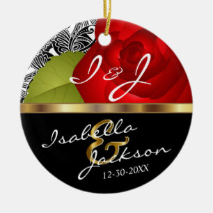 Ornamento De Cerâmica Noiva e Rosa vermelha de Casamento de Groom