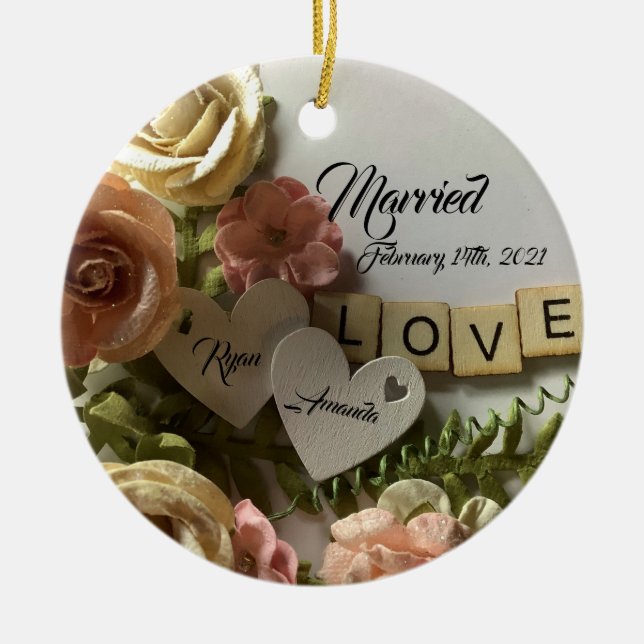 Ornamento De Cerâmica Noiva Personalizada bonito e Groom Floral Casado (Frente)