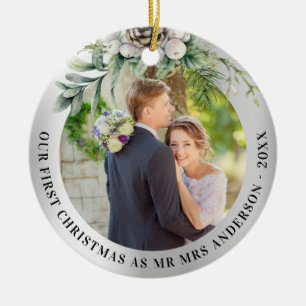 Ornamento De Cerâmica Noiva recém-casada foto de 1º natal com cone verde