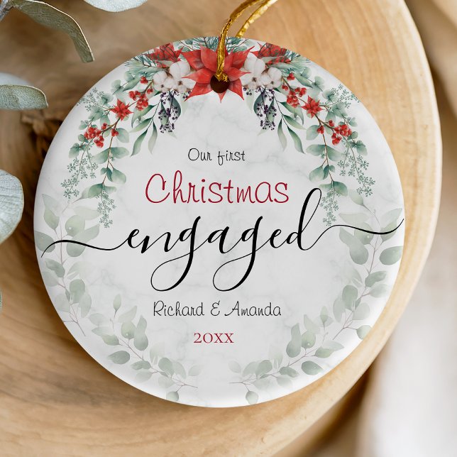 Ornamento De Cerâmica Noivado de Natal bonito, Poinsettia vermelha (Criador carregado)