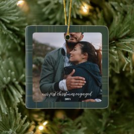 Ornamento De Cerâmica Noivado de Xadrez verde | Rustic Flannel Tartan