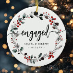 Ornamento De Cerâmica Noivado Moderno Primeiro Natal Mistletoy Wreath<br><div class="desc">Celebre seu primeiro Natal engajado com este moderno ornamento de terra de amante! Essa cerâmica traz encanto festivo para sua árvore. Personalize com texto personalizado para torná-lo exclusivamente seu. Faz um presente perfeito para o casal ser:)</div>