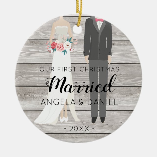 Ornamento De Cerâmica Noivos do Natal da madeira primeiros (Frente)