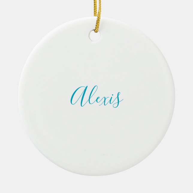 Ornamento De Cerâmica Nome Caligrafia Script Simples Branco Azul (Frente)