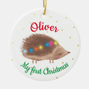 Ornamento De Cerâmica Nome Cute Hedgehog Baby Primeiro Natal