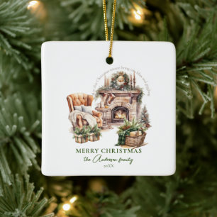 Ornamento De Cerâmica Nome da família personalizada Cozy Christmas