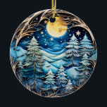 Ornamento De Cerâmica Nome da família Winter Wonderland Forest Personali<br><div class="desc">Apresentando nosso encantador e caprichoso ornamento da cena da árvore de neve! Perfeito para celebrar as férias, este adorável ornamento representa uma grande lua de cheio em meio a uma serena floresta serena de maravilha do inverno. A atenção requintada aos detalhes e às cores vibrantes fazem deste ornamento uma verdadeira...</div>