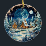 Ornamento De Cerâmica Nome da família Winter Wonderland Forest Personali<br><div class="desc">Apresentando nosso encantador e caprichoso ornamento da cena da árvore de árvores de neve! Perfeito para comemorar as férias, este adorável ornamento retrata uma grande lua de cheio em meio a uma serena floresta serena de maravilha de inverno com três casas de casacos. A atenção requintada aos detalhes e às...</div>