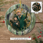 Ornamento De Cerâmica Nome da Foto da Camouflage rustic<br><div class="desc">Design seu próprio nome ou ornamento de presente com duas fotos neste ornamento cerâmico de dois lados, com um design de camuflagem de aquarela robusta em tons de verde, marrom e preto, com um lugar para adicionar seu texto personalizado na frente. Embora o design seja genérico o suficiente para destacar...</div>
