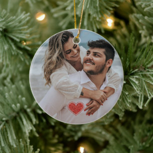 Ornamento De Cerâmica Nome da Foto de Natal do Primeiro casal