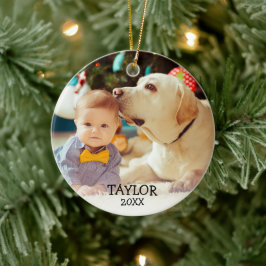 Ornamento De Cerâmica Nome da Foto Personalizada do Primeiro Natal do Be