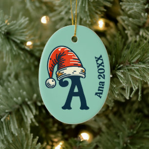 Ornamento De Cerâmica Nome da Letra Inital Personalizada e Ano Santa Hat