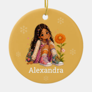 Ornamento De Cerâmica Nome da Menina de Cabelo Preto Personalizado