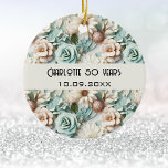 Ornamento De Cerâmica Nome de aniversário de creme verde empoeirado<br><div class="desc">Um padrão floral verde e creme. Personalize e adicione um nome e data.</div>