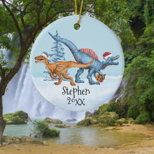 Ornamento De Cerâmica Nome de Aquarela do Raptor de Natal do Dinossaur