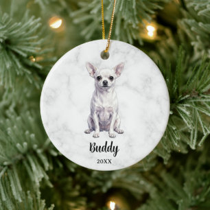 Ornamento De Cerâmica Nome de Cachorro Chihuahua Branco em Aquarela Memo