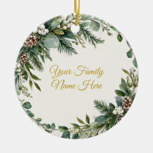 Ornamento De Cerâmica Nome de Família de Natal com Pinheiro e Frutas