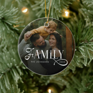 Ornamento De Cerâmica Nome de Foto Personalizado da Família com Letra Mo